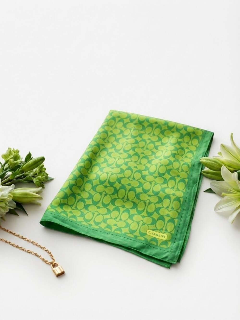 Coach Green Monogram Signature Silk Square Scarf Handkerchief